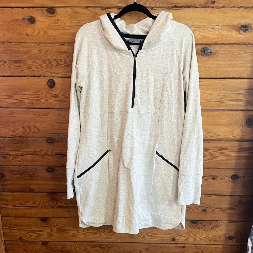 ATHLETA hooded long sweatshirt dress top with thumb holes pockets 1/4 zip XL